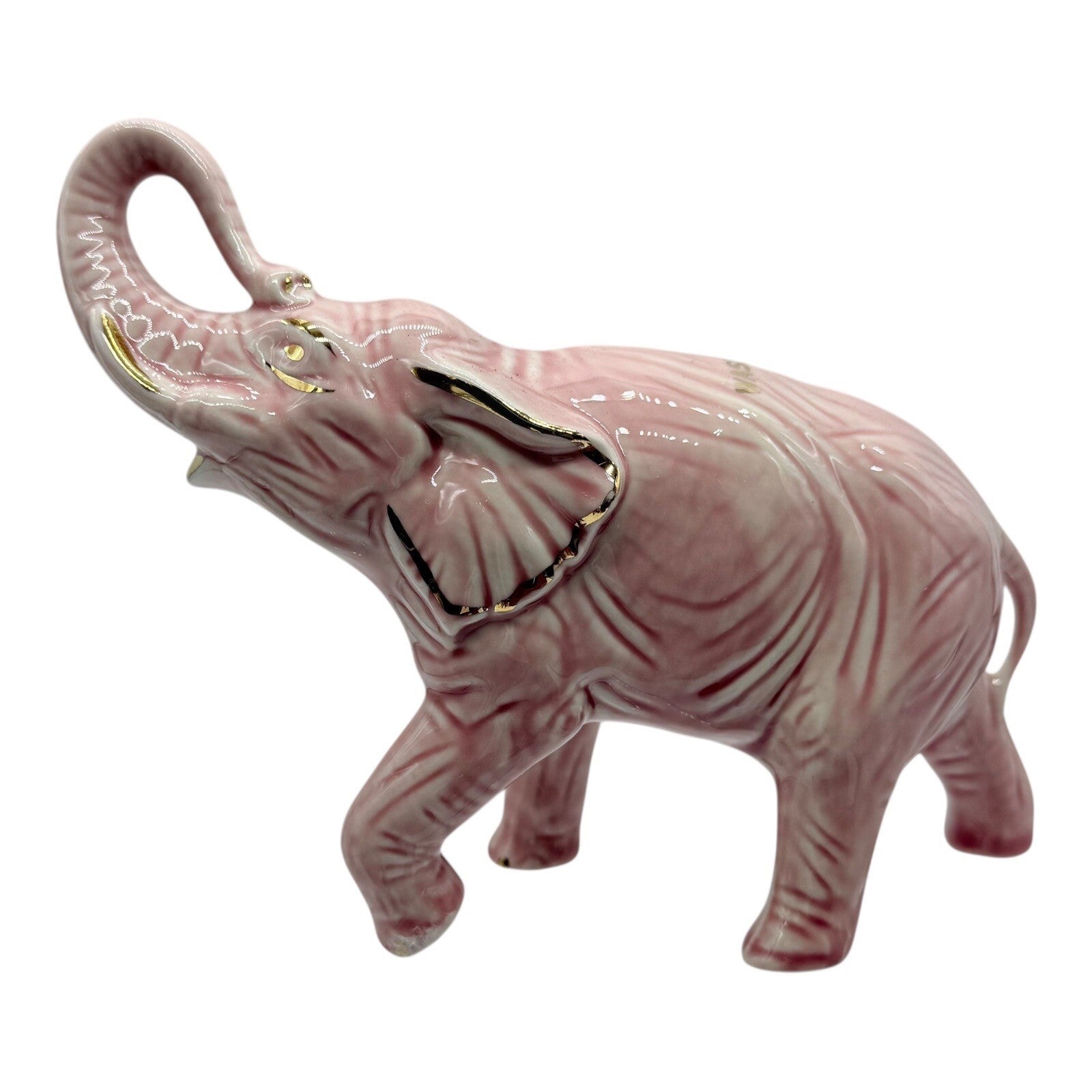 Pink Elephant Figurine Gold Accents Trunk Up Good Luck Home Decor Statue