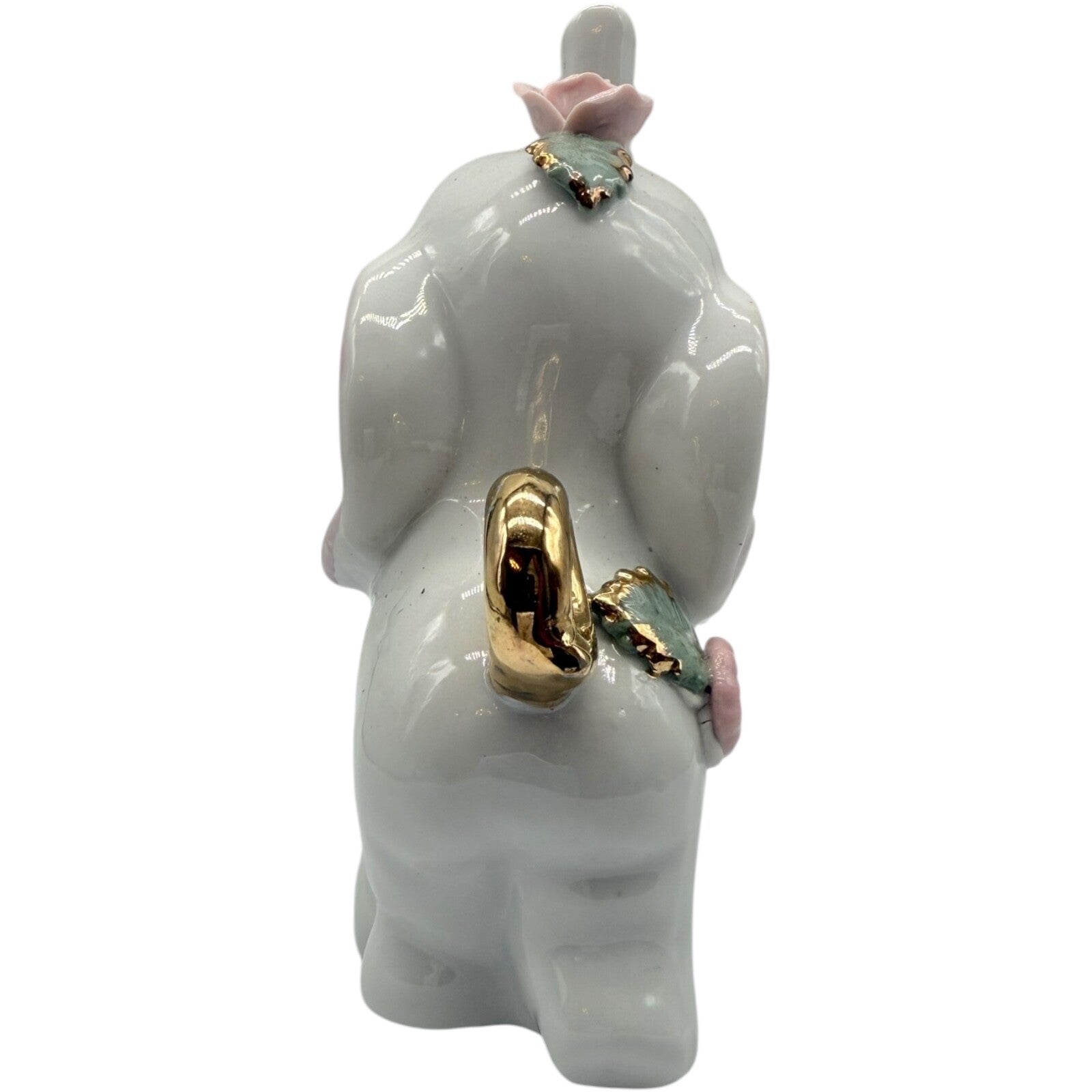 Vintage White Ceramic Elephant Figurine with Gold Tail & Highlighted Flowers