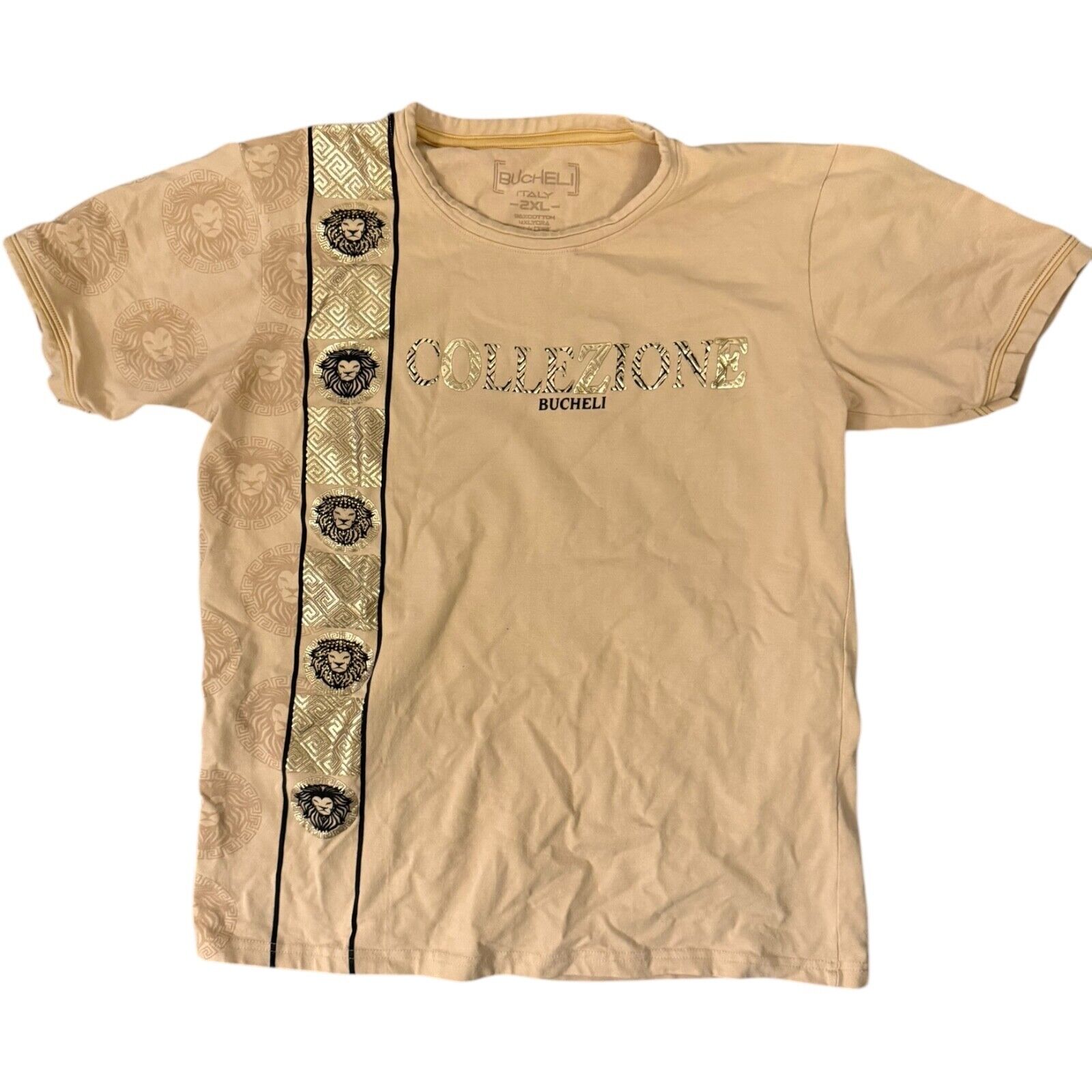Bucheli Italy Men’s Slim Fit T-Shirt 2XL Beige Gold/Black Print