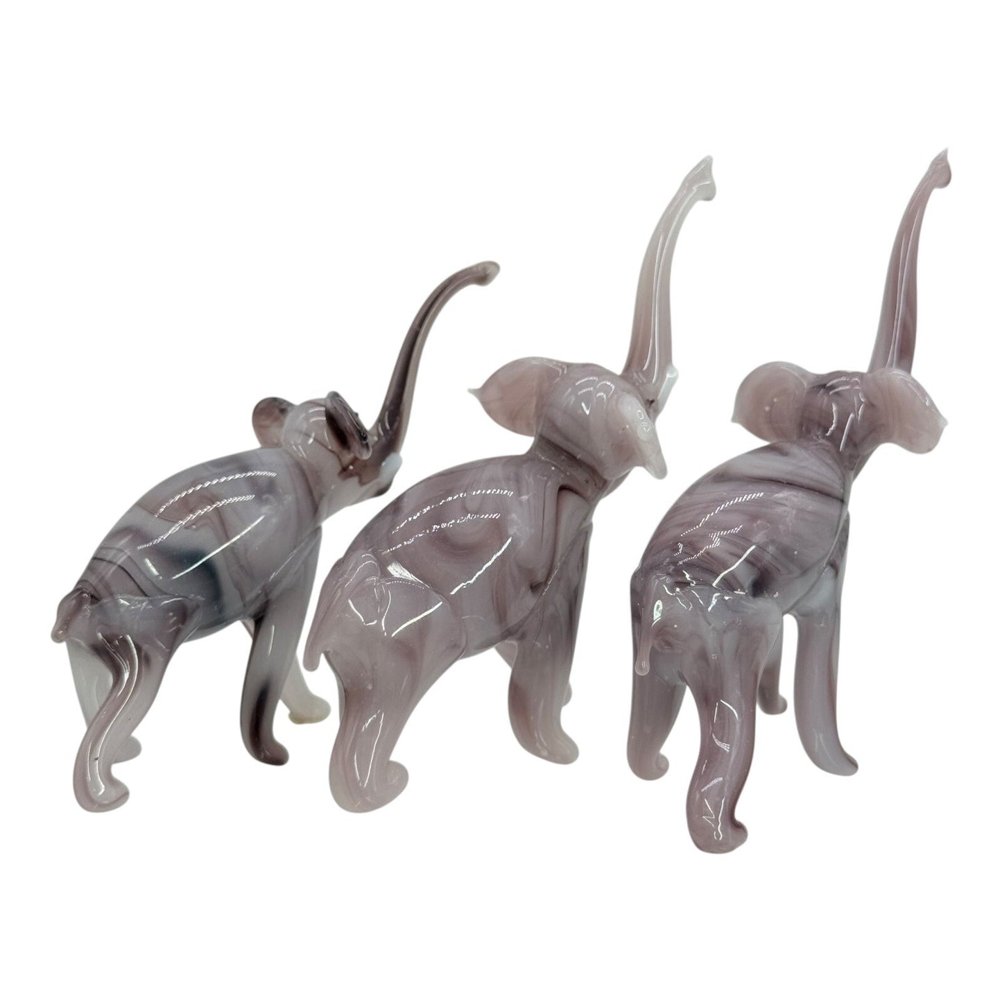 Murano Style Glass Elephant Figurines Set of 3 Trunk Up Good Luck Decor