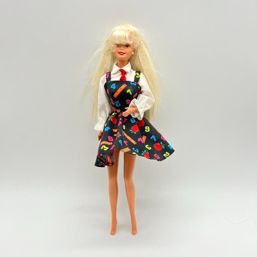 School Teacher Barbie Doll 1995 Long Blonde Hair Earrings Shoes Dress Vtg