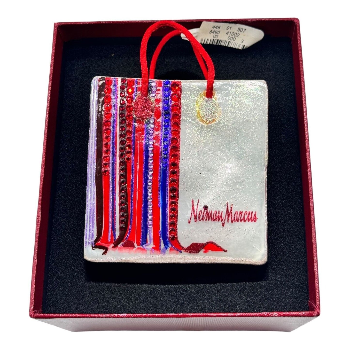 Neiman Marcus 2004 Shopping Bag Glass Christmas Ornament Holiday Silver Red