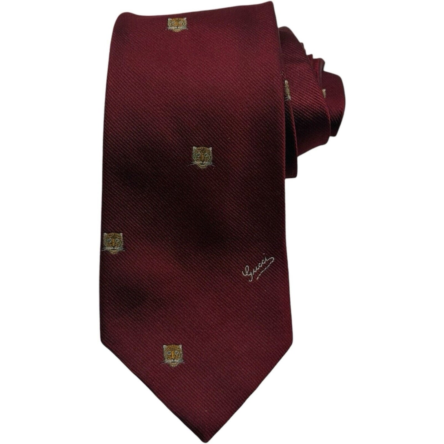 Gucci Men's Maroon/Red  Silk Tie with Black Embroidered Tiger Heads