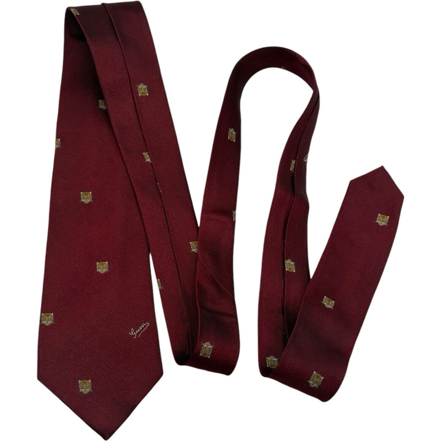 Gucci Men's Maroon/Red  Silk Tie with Black Embroidered Tiger Heads