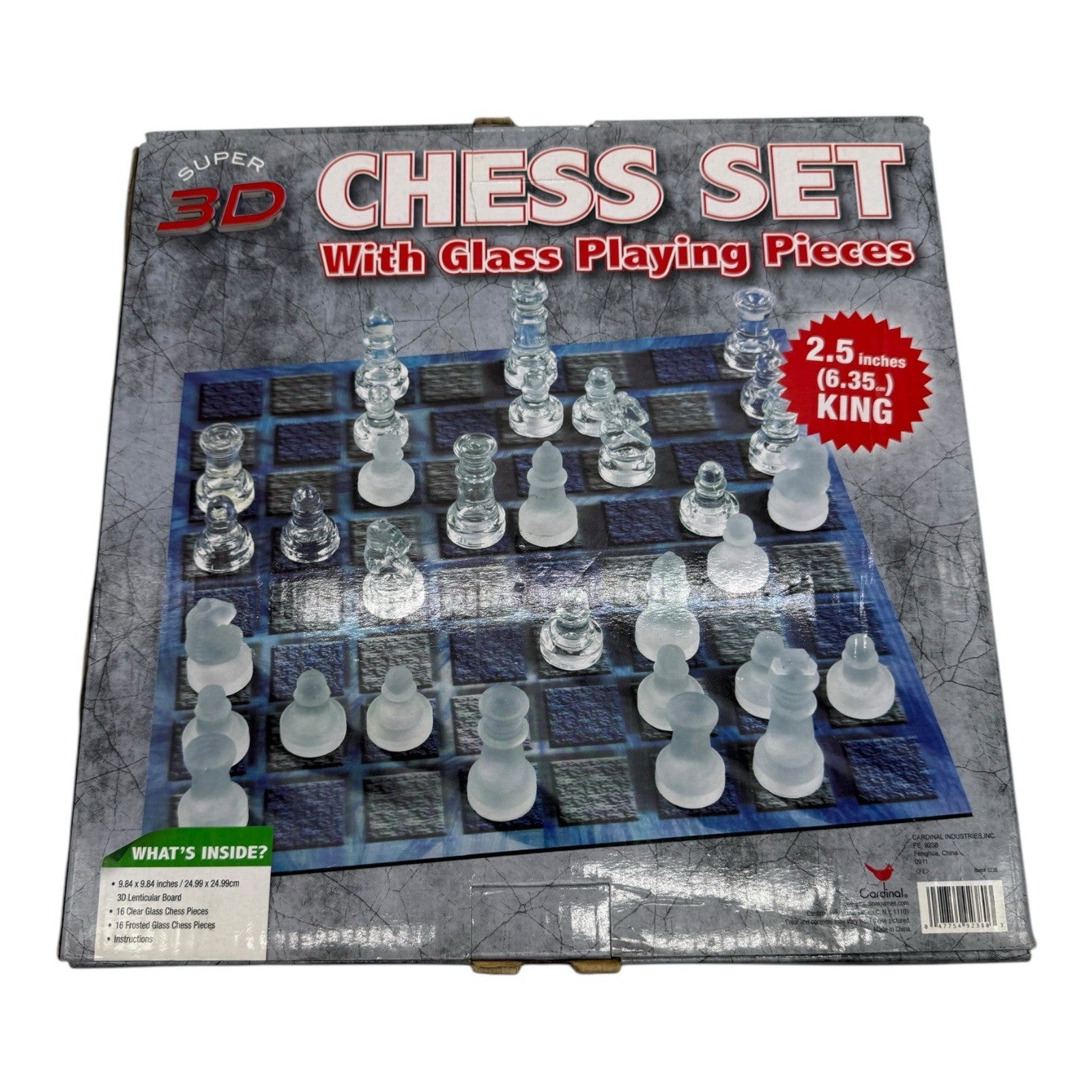 Cardinal Super 3D Chess Set w Clear Frosted Glass Playing Pieces 2.5” King