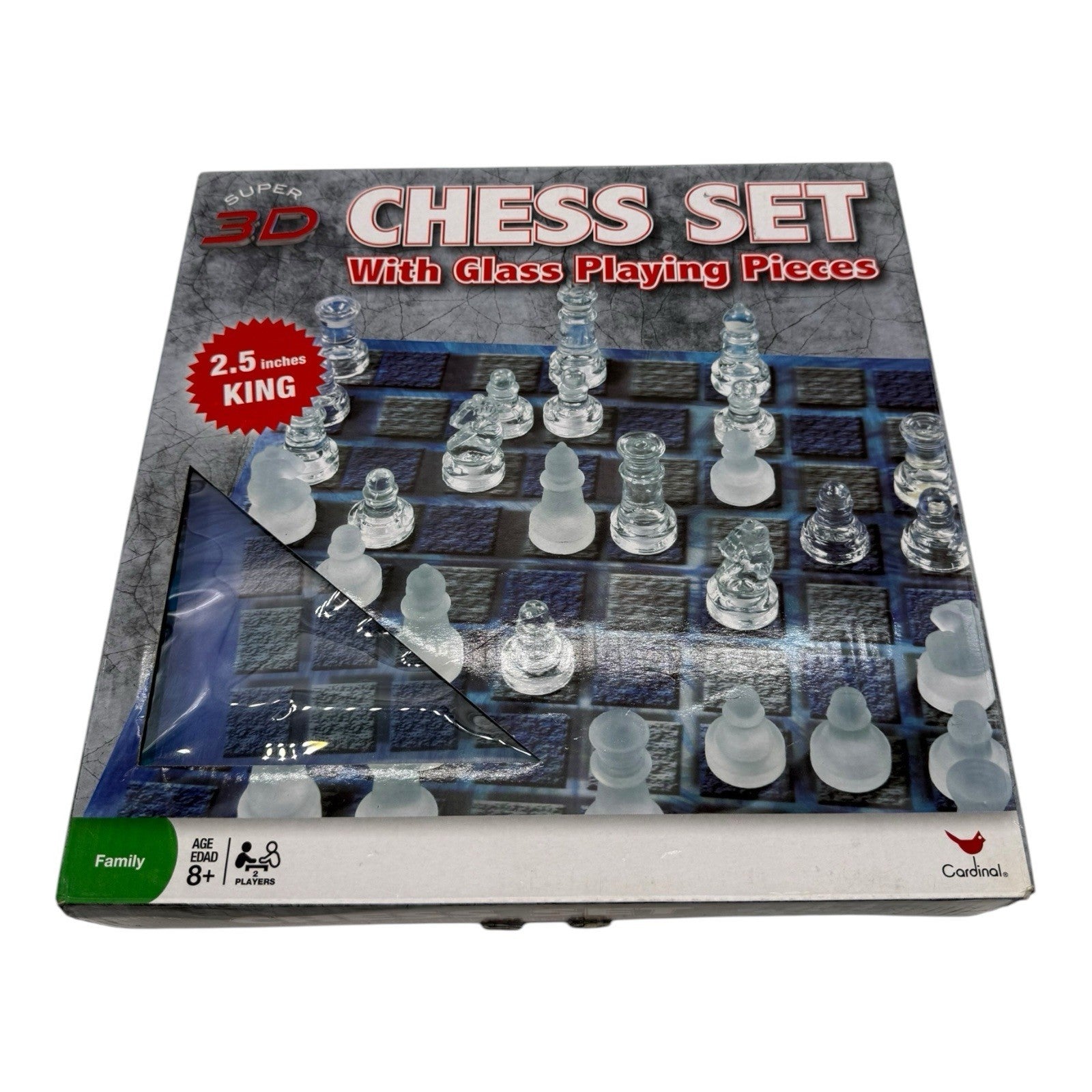 Cardinal Super 3D Chess Set w Clear Frosted Glass Playing Pieces 2.5” King
